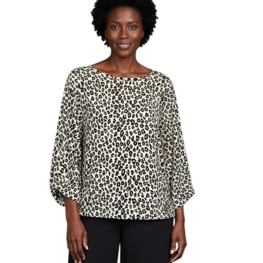 Chico's Womens Leopard Print 3/4 Sleeve Top Size 3 XL Tan Black Animal Print